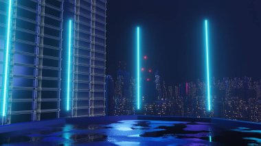 Siber punk gece şehir peyzajının 3 boyutlu canlandırması. Karanlık sahnede ışık parlıyor. Gece hayatı. 5G için teknoloji ağı. Bilim-Kurgu Başkenti ve inşaat sahnesinin nesli ve geleceği ötesinde.