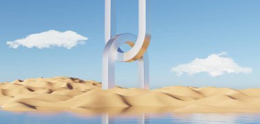 Abstract Dune cliff sand with metallic Arches and clean blue cloud sky. Surreal minimal Desert natural landscape background. Scene of Desert with glossy metallic arches geometric design. 3D Render.