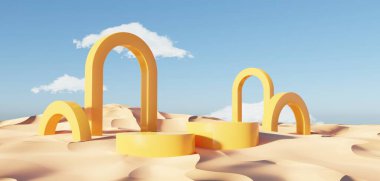Abstract Dune cliff sand with metallic Arches and clean blue cloud sky. Surreal minimal Desert natural landscape background. Scene of Desert with glossy metallic arches geometric design. 3D Render.