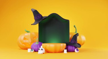 3D Render, Mutlu Cadılar Bayramı arkaplanı Podyum standı ürünü, gece sahnesi ve şirin ürkütücü tasarımı. Cadılar Bayramı balkabakları, kafatası, hayalet ve örümcek süslemeleri koyu turuncu arka planda.