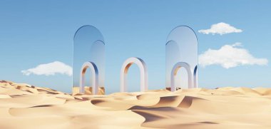 Abstract Dune cliff sand with metallic Arches and clean blue cloud sky. Surreal minimal Desert natural landscape background. Scene of Desert with glossy metallic arches geometric design. 3D Render.