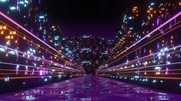 网络庞克夜景概念的三维渲染 灯光在黑暗的场景中闪耀 夜生活 5G的技术网络 科幻首都城和建筑界的超越世代与未来派 — 图库照片