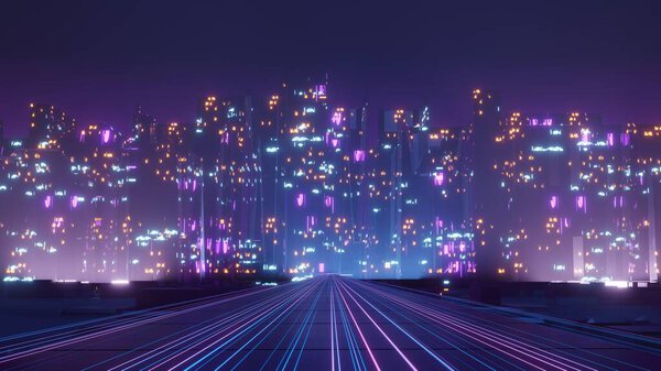 3d визуализация кибер-панк ночной городской пейзаж концепции. Свет светится на тёмной сцене. Ночная жизнь. Технологическая сеть для 5g. За пределами поколения и футуристических Sci-Fi Столица и строительная сцена.