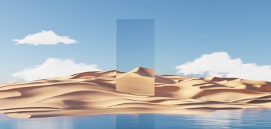 Abstract Dune cliff sand with metallic Arches and clean blue cloud sky. Surreal minimal Desert natural landscape background. Scene of Desert with glossy metallic arches geometric design. 3D Render.