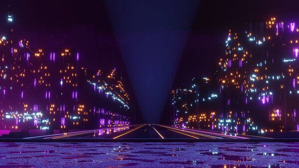 3d визуализация кибер-панк ночной городской пейзаж концепции. Свет светится на тёмной сцене. Ночная жизнь. Технологическая сеть для 5g. За пределами поколения и футуристических Sci-Fi Столица и строительная сцена.