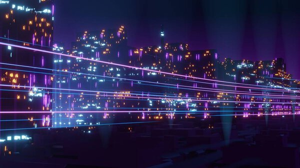 3d визуализация кибер-панк ночной городской пейзаж концепции. Свет светится на тёмной сцене. Ночная жизнь. Технологическая сеть для 5g. За пределами поколения и футуристических Sci-Fi Столица и строительная сцена.