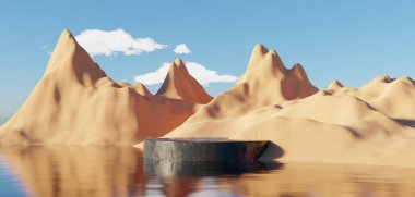 Abstract Dune cliff sand with metallic Podium stand platform. Surreal Desert natural landscape background. Scene of Desert with glossy metallic arches geometric design. 3D Render.