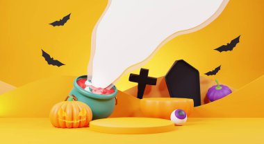 3D Render, Mutlu Cadılar Bayramı arkaplanı Podyum standı ürünü, gece sahnesi ve şirin ürkütücü tasarımı. Cadılar Bayramı balkabakları, kafatası, hayalet ve örümcek süslemeleri koyu turuncu arka planda.