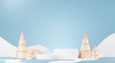 3D Mutlu Noeller podyumu sahnesi Noel ağacı, hediyeler, balo ve kış mevsimi temalı kar taneleriyle süslensin. Soyut minimal kaide ürünü Festivel Xmas 'ı gösterir.