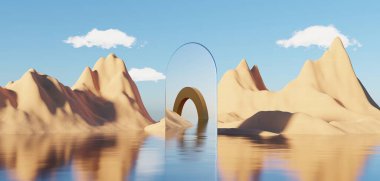 Abstract Dune cliff sand with metallic Arches and clean blue cloud sky. Surreal minimal Desert natural landscape background. Scene of Desert with glossy metallic arches geometric design. 3D Render.