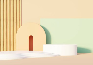 3D sunum ve reklam için soyut podyum platformunu hazırlayın. Temiz dizaynlı minimum sahne arkaplanı. Model için boş kaide. Kozmetik için pastel renkli boş sahne.