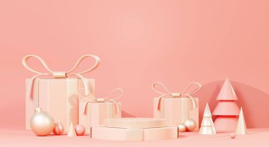 3D Mutlu Noeller podyumu sahnesi Noel ağacı, hediyeler, balo ve kış mevsimi temalı kar taneleriyle süslensin. Soyut minimal kaide ürünü Festivel Xmas 'ı gösterir.