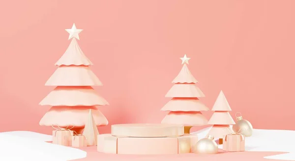 Render Merry Christmas Podium Platform Pemandangan Dekorasi Dengan Pohon Natal Stok Gambar