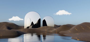 Abstract Dune cliff sand with metallic Arches and clean blue cloud sky. Surreal minimal Desert natural landscape background. Scene of Desert with glossy metallic arches geometric design. 3D Render.
