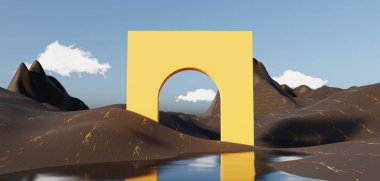 Abstract Dune cliff sand with metallic Arches and clean blue cloud sky. Surreal minimal Desert natural landscape background. Scene of Desert with glossy metallic arches geometric design. 3D Render.