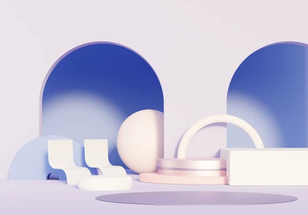 製品のプレゼンテーションや広告のための3Dレンダリング抽象ディスプレイ表彰台プラットフォーム クリーンなデザインでミニマルな背景 モックアップ用の空いている台座 化粧品のためのパステルカラーの空のステージ — ストック写真