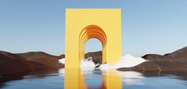Abstract Dune cliff sand with metallic Arches and clean blue cloud sky. Surreal minimal Desert natural landscape background. Scene of Desert with glossy metallic arches geometric design. 3D Render.
