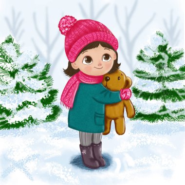 Oyuncak ayıyla kışın küçük bir kız