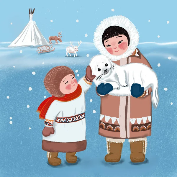 Aranyos Gyerekek Északon Akik Egy Oroszlánfókát Gondoznak — Stock Fotó