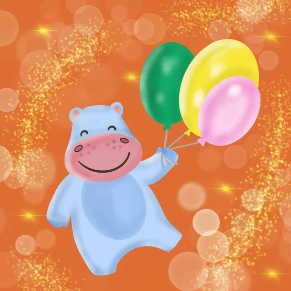 Happy Hippo Holding Party Balloons — Stock Photo, Image