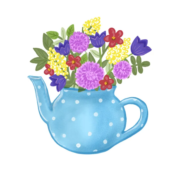 Bloemen Theepot Illustratie Voor Wenskaarten — Stockfoto