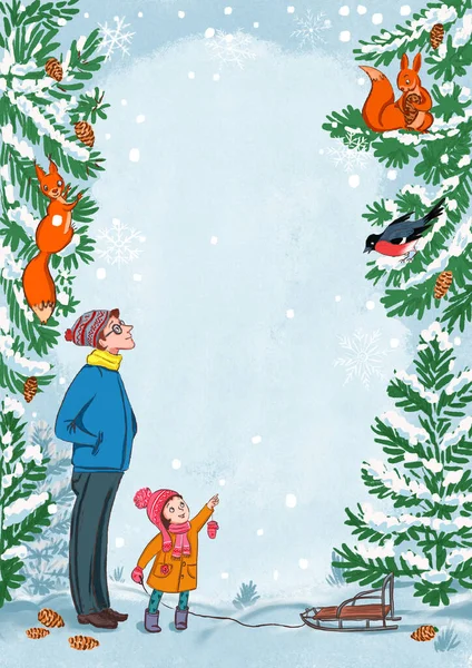 Χριστουγεννιάτικη Κάρτα Σχεδίασης Απεικόνιση Του Μπαμπά Κόρη Και Σκίουρους — Φωτογραφία Αρχείου