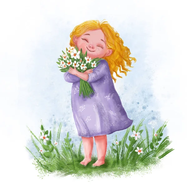 Cute Happy Girl Bunch Flowers — Stock Photo, Image