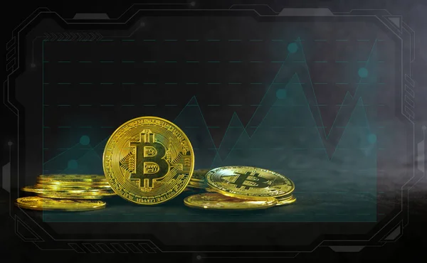 Golden Bitcoin Middle Pile Bitcoin Blue Graph Black Background Crypto — Foto de Stock
