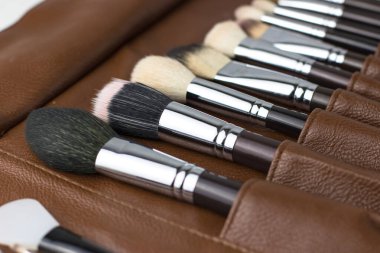 Kahverengi bir çantada makyaj fırçası. Makyaj seti