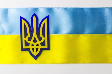 Bayrağın arkasında Ukrayna arması var. Mavi ve sarı çizgili bayrak