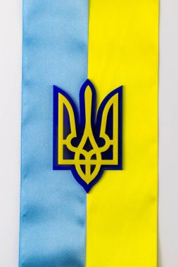Bayrağın arkasında Ukrayna arması var. Mavi ve sarı çizgili bayrak