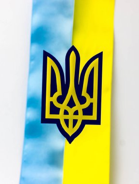 Bayrağın arkasında Ukrayna arması var. Mavi ve sarı çizgili bayrak