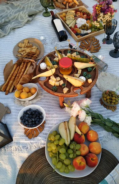 かわいい女性の装飾と自然の中でピクニック ワイン チーズ おやつ キャンドル — ストック写真