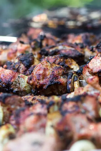 用洋葱在烤架上煎肉 Marina猪肉在火上炸了 — 图库照片