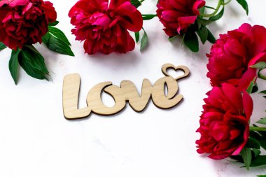 Beyaz arka planda tahta yazı aşkı. Beyaz arkaplanlı şakayık kartpostallar. Metin için boşluk