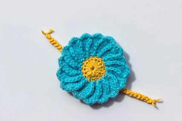 Knitted Flower Blue Yellow Color White Background Colors Flag Ukraine — Stock Photo, Image