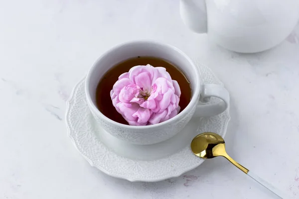 Tea Tea Rose White Cup White Marble Table Top View — Fotografia de Stock