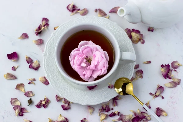 Cup Tea Tea Rose White Marble Background Good Morning Top — Stok Foto