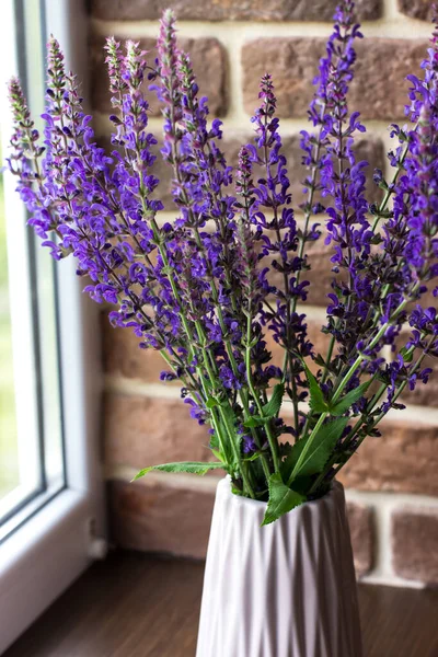 Çiçekli adaçayı çiçekleri. Pencerenin yanında, tuğla bir duvarın arkasında duran mor çiçek buketi.