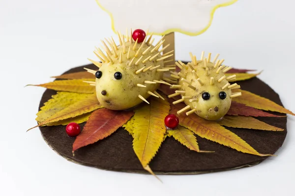 Children Craft Hedgehogs Potatoes Background Autumn Leaves — Photo