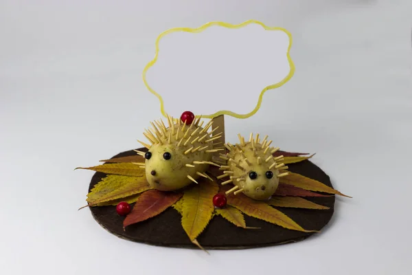 Children Craft Hedgehogs Potatoes Background Autumn Leaves — Photo