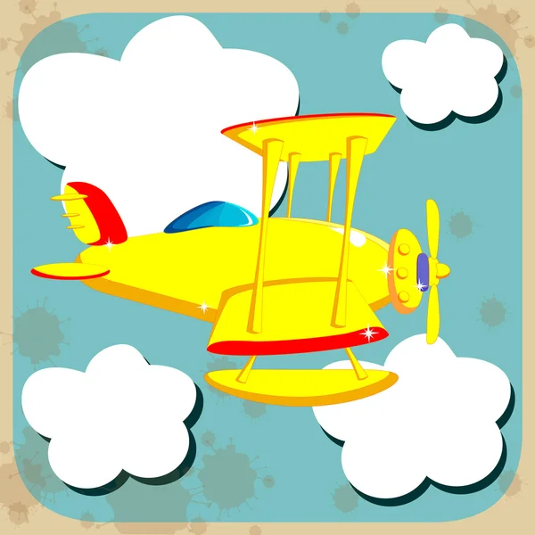 Yellow airplane flying through the sky with clouds — Stock Vector