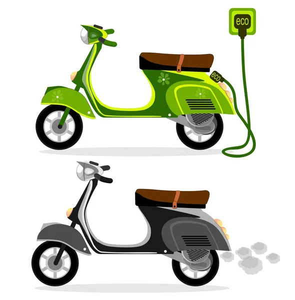 Ηλεκτρικό μοτοποδήλατο και ένα σκούτερ που λειτουργεί με βενζίνη — Διανυσματικό Αρχείο