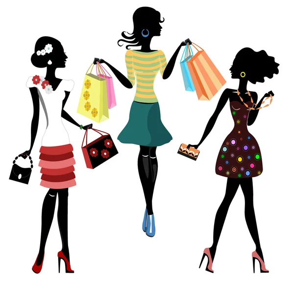 Fashion girls with bags, silhouettes — Stock Vector