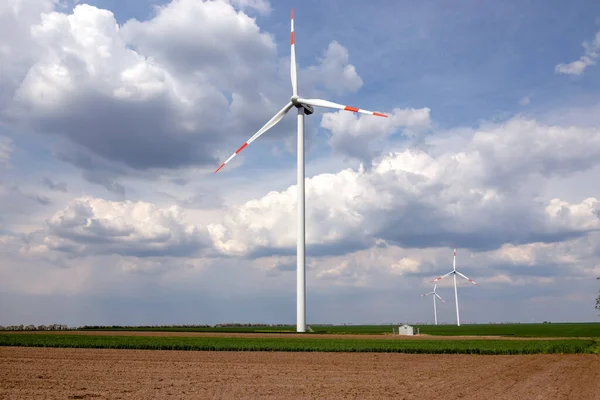 Windmills Wind Farm Turbines Power Generators Blue Cloudy Sky Agricultural — Stock Photo, Image