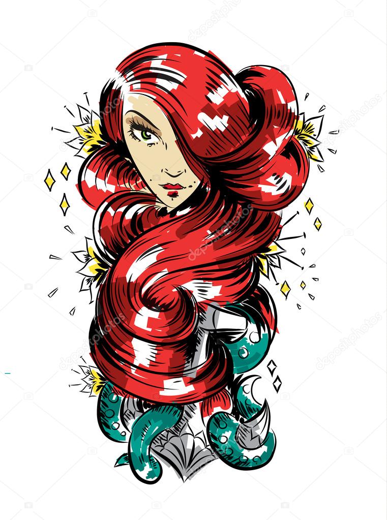 Tattoo design of nice face with long curly hair Stock Vector by ©mikundova.monika@seznam.cz 47768425