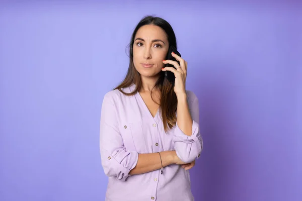 Serious Young Woman Talking Phone Isolated Purple Copy Space Fashion — Stock Photo, Image