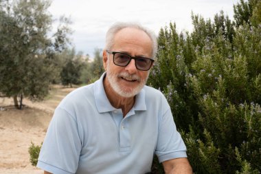 Sağlıklı, mutlu bir gülümseme portresi. Yaşlı, beyaz, yaşlı bir adam. Parkta, açık havada.
