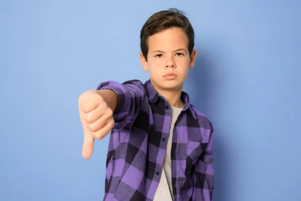 Cute Caucasian Kid Boy Wearing Plaid Shirt Purple Background Feeling — Stock Photo, Image