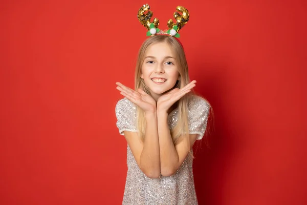 Happy Child Girl Santa Hat Isolated Red Background — Stock Photo, Image